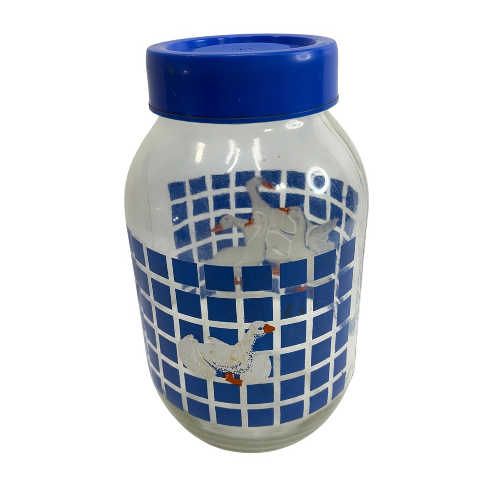 Vintage 1982 Carlton Glass‎ USA 3L Storage Jar Blue Grid Country Geese Canister
